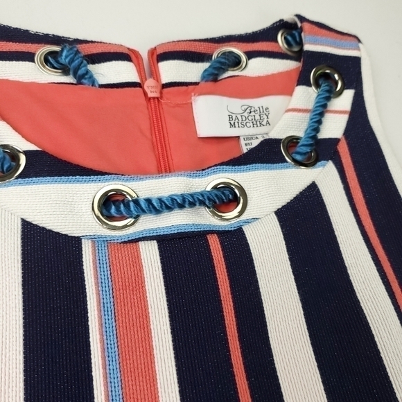 🔴 Badgley Mischka Belle Blue Coral Stripe Rope Collar Dress Size 2 - Picture 9 of 12